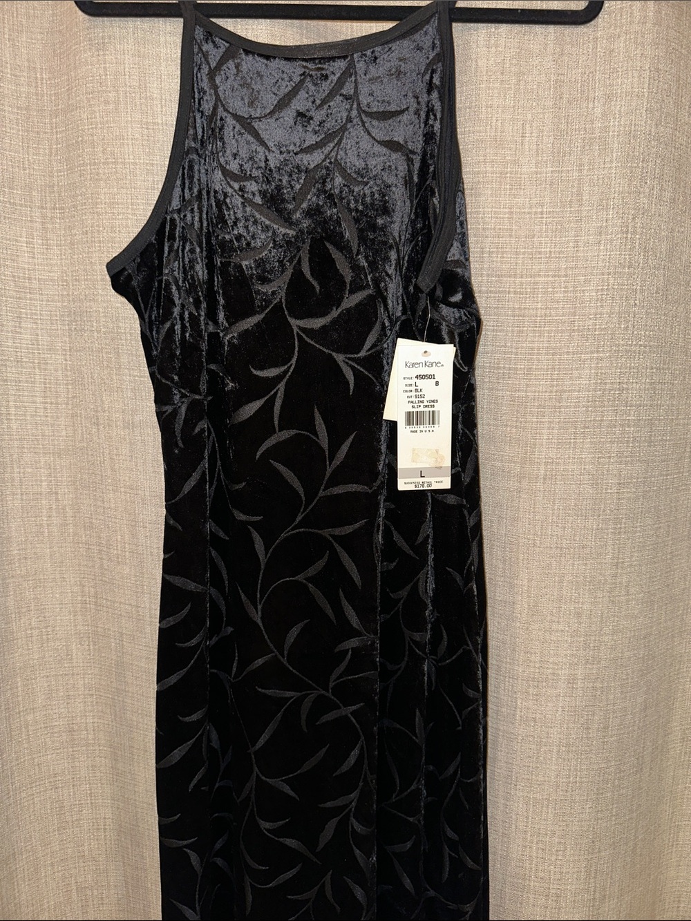 Karen Kane Black Velvet Maxi Dress with Leaf Motif size L